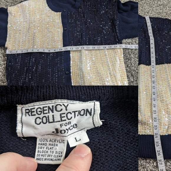 Vintage Regency Collection black white blue sequin cardigan sweater L - Picture 7 of 8